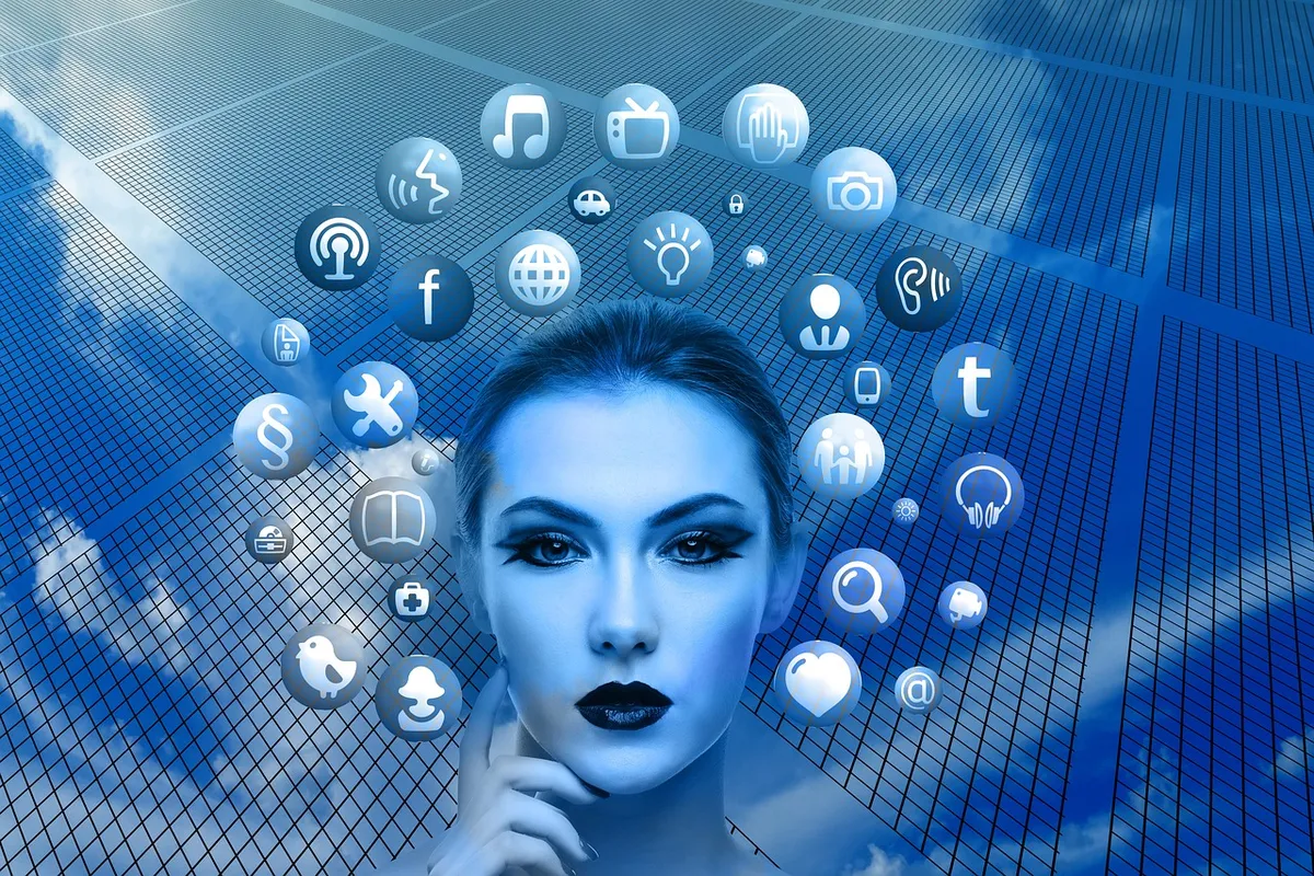 woman, face, social media, thoughts, head, applications, apps, social media applications, icons, circle, tree, networks, internet, social, social network, faceb