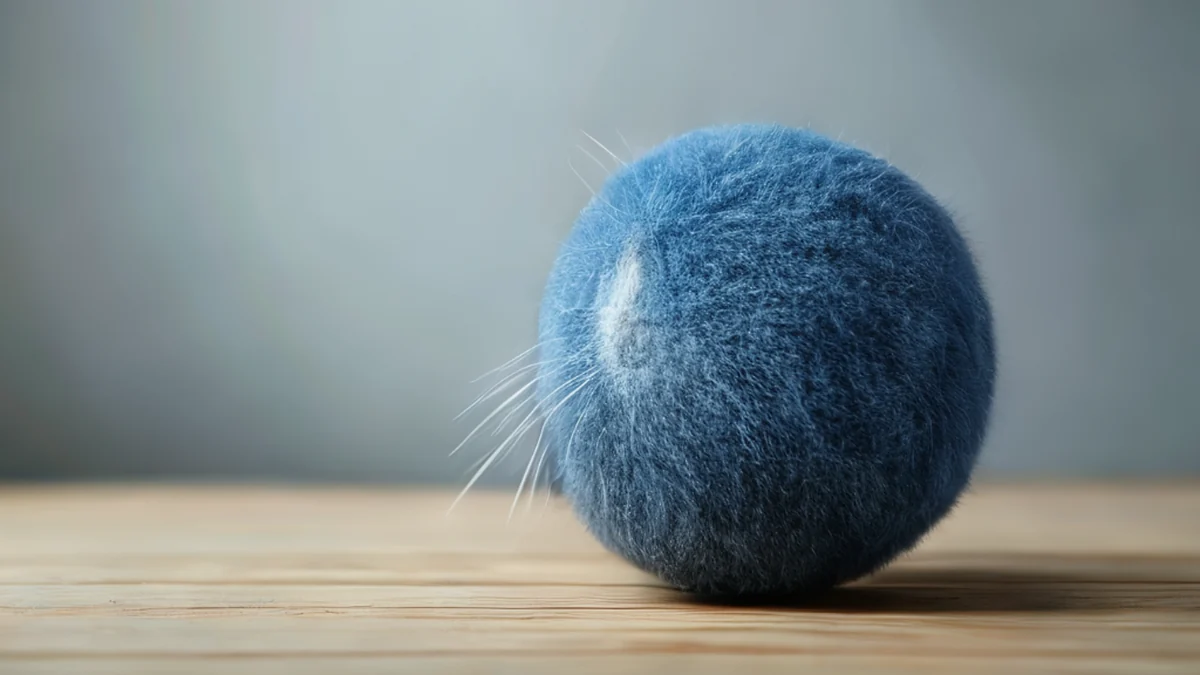 Ein Katzenball mit blauer Feltsohle, rund, glatt, auf einem plainen Holztisch, unter Softbox-Licht, flache Schärfe, photo-realistisch, scharfe Schärfe, hohe Details