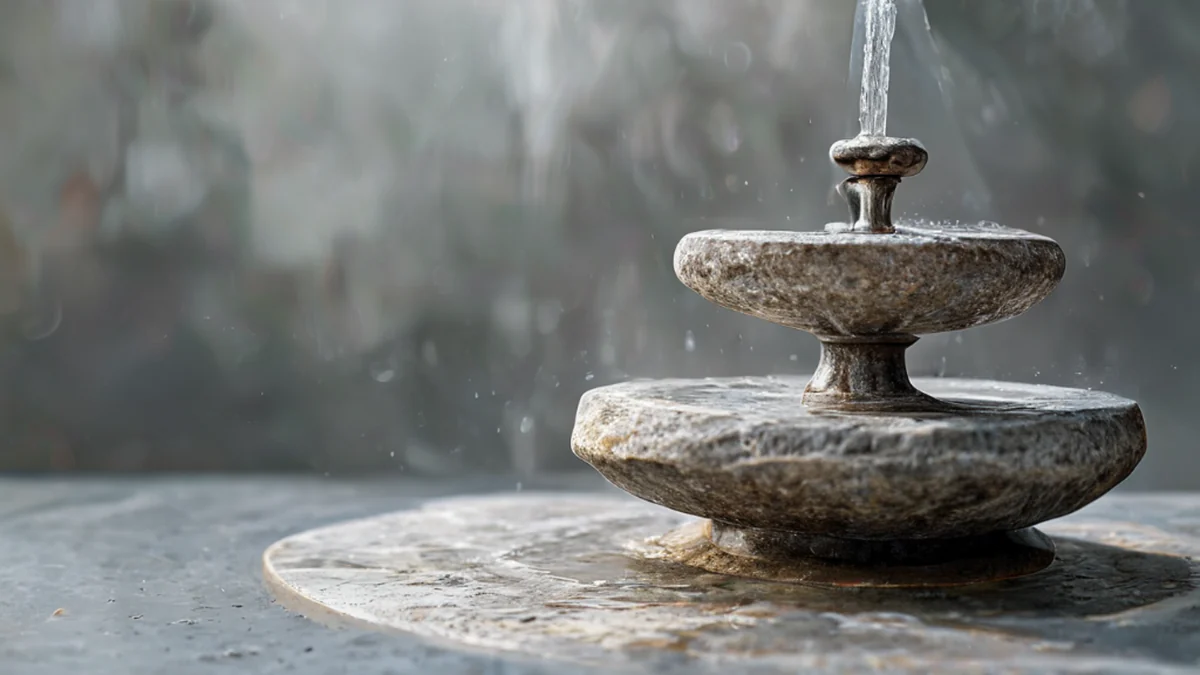 Steinfontane mit Wasserstrahl, auf einem Betonboden, sauberer Studio-Softbox, flache Schärfe, photo-realistisch, scharfe Schärfe, hohe Details