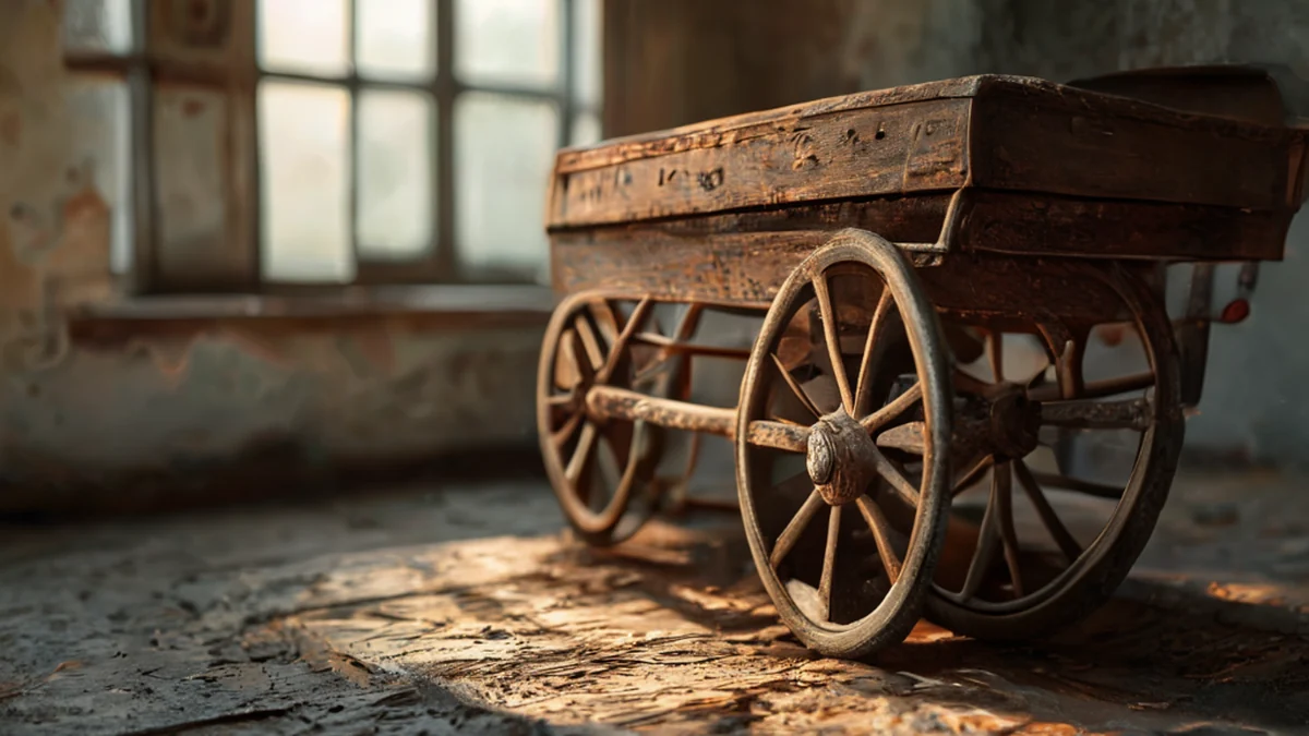 A vintage wagon with faded paint and worn wheels.