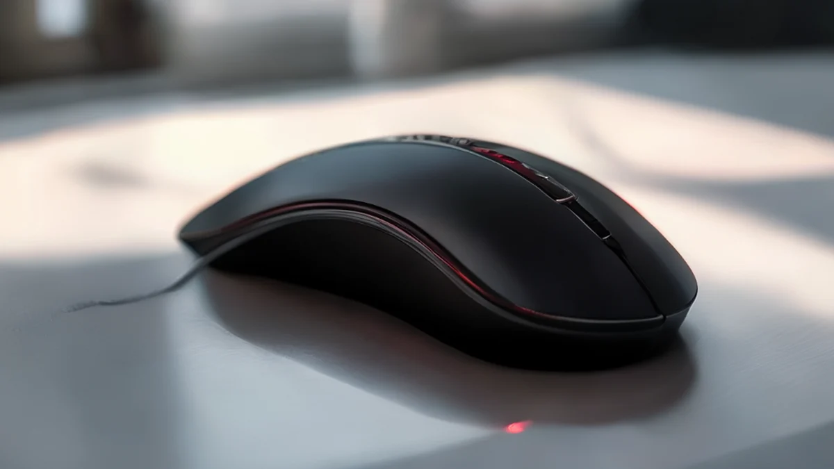 Una mouse di gioco nera elegante, con un LED rosso, corpo in metallo lucido, testura di gomma, appoggiata su una tavola bianca, luce soffusa della finestra, profondità di campo bassa, realismo fotografico, focus netto, dettagli alti.