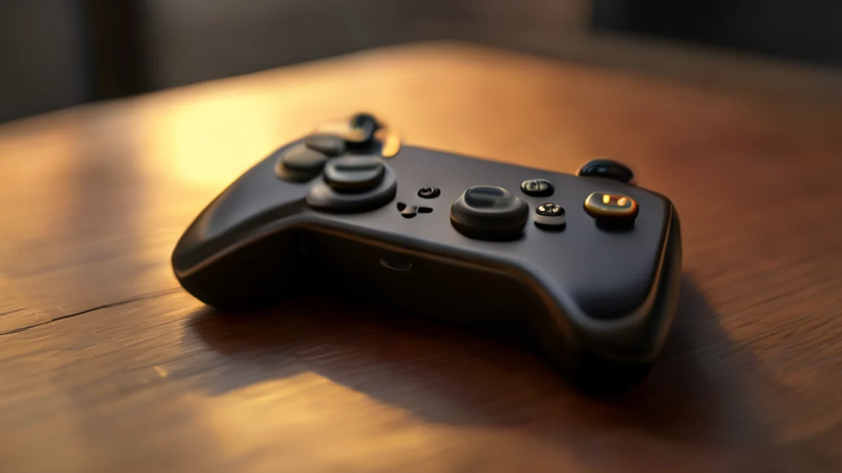 Gaming controller joystick, zwart, rechthoekig, glad, op een eenvoudige houten tafel, gouden uur, zachte scherpte, foto-realistisch, scherp focus, hoge details