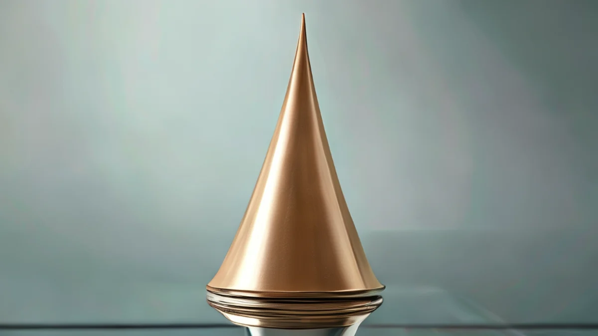 Een zinkkleurige, conische spire met een gladde oppervlak en een enkele uitstekende punt, op een glas-tafel onder een schoon studio-softbox-licht, zacht scherpe focus, fotorealistisch, scherp focus, hoog detail.