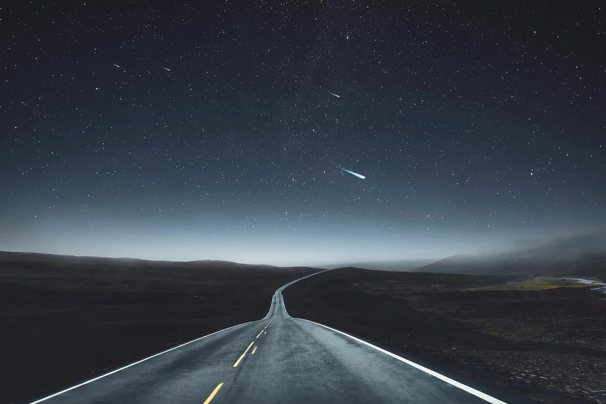 highway, night, landscape, sky, stars, shooting star, asteroid, night sky, mountains, fog, nature, darkness