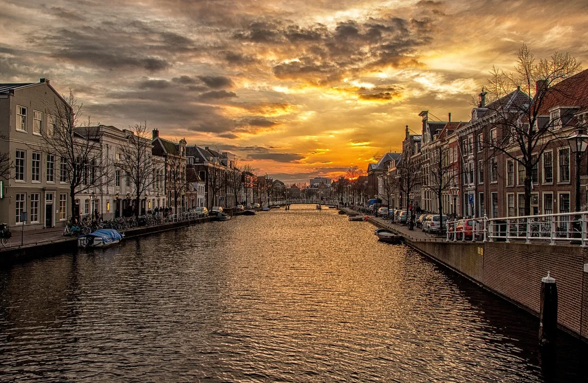 waterway, channel, holland, houses, sunset, water, flow, nature, hdr