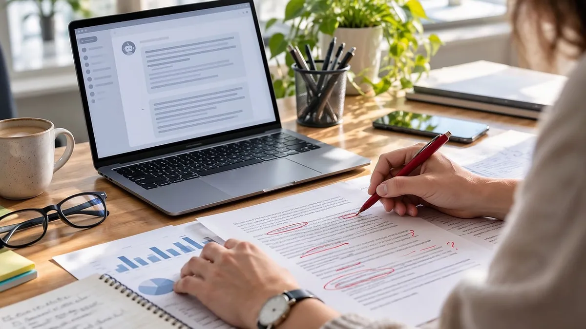 office, desk, document review, editing, laptop, paperwork, productivity, proofreading, critical thinking, technology, red pen, document, workspace, artificial i