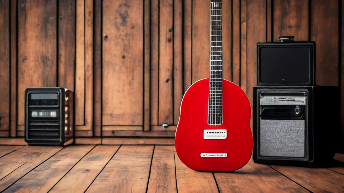 Electric guitar leaning against a guitar amplifier.