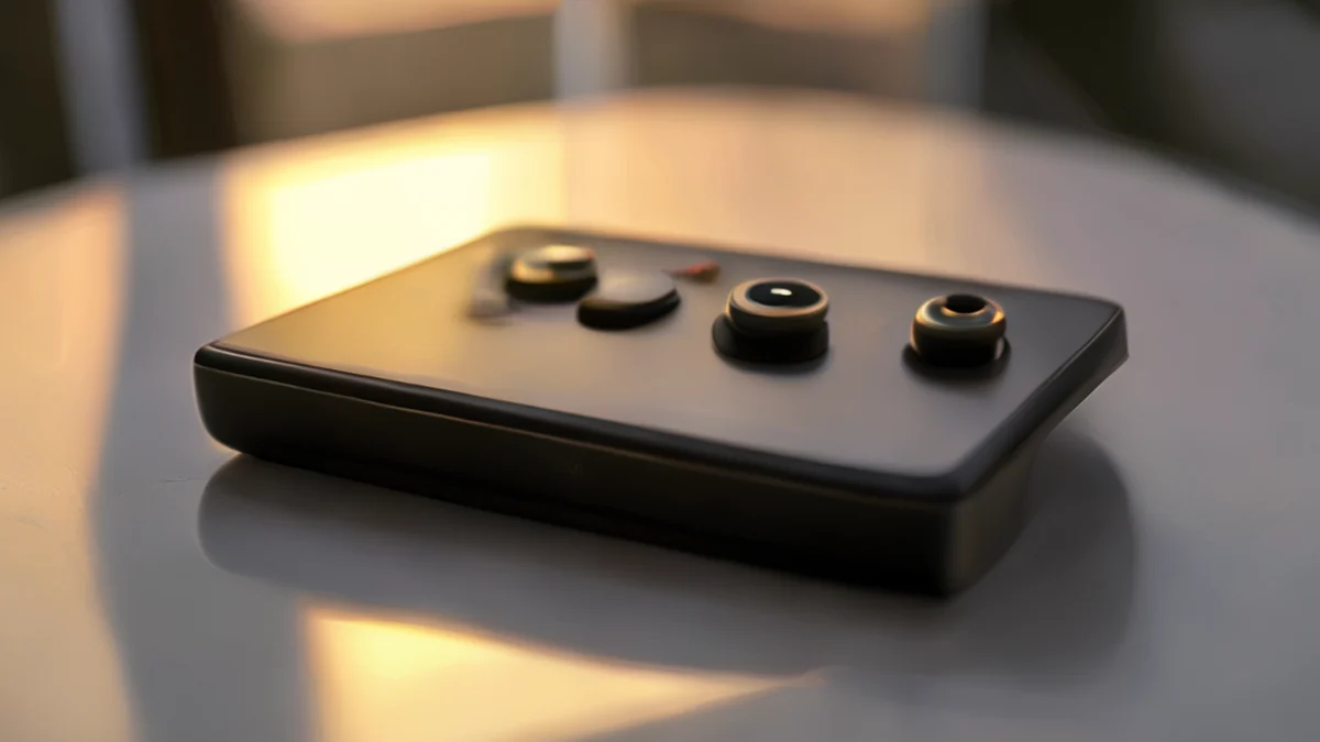 Joystick rectangulaire sur manette de jeu, noir métallique, table blanche, golden hour, faible profondeur de champ, photoréaliste