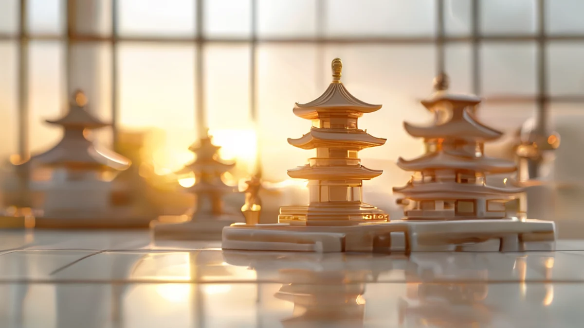 Porcellana lucida con design di pagoda di Asakusa, sfondo bianco, luce dell'ora d'oro, profondità di campo bassa, realismo fotografico, focus acuto, dettagli elevati