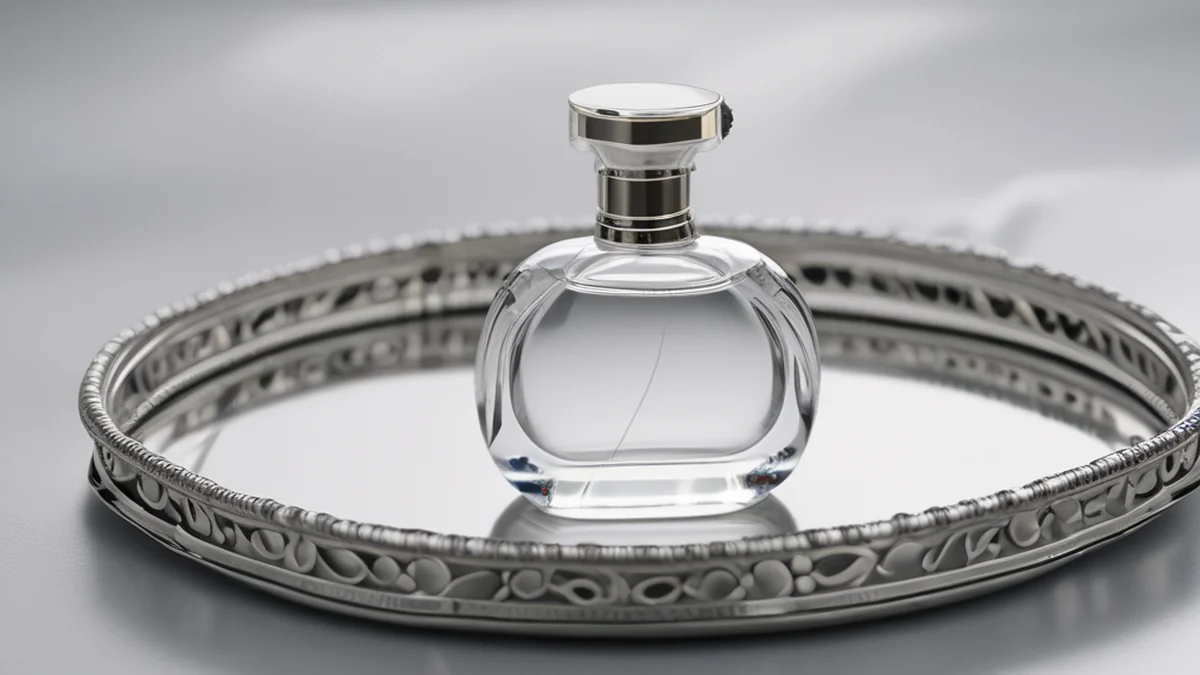 Een flesje parfum met een glasdropper en een metaaldeksel.
