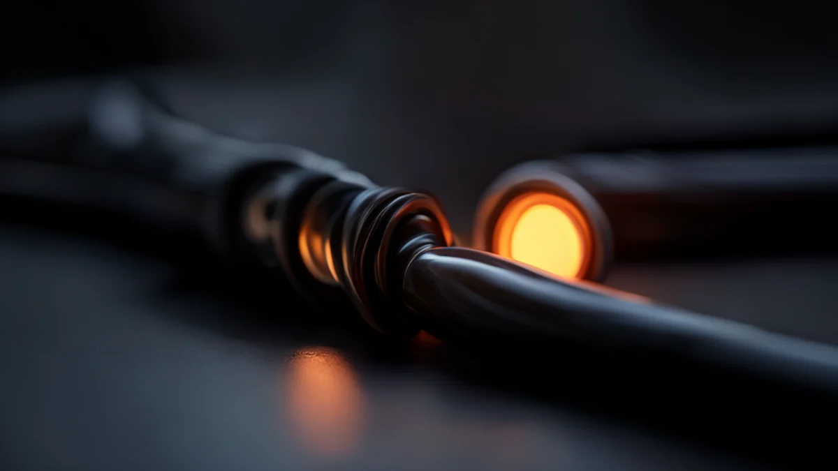 Black cable with warm side light, shallow depth of field, photorealistic, sharp focus, high detail