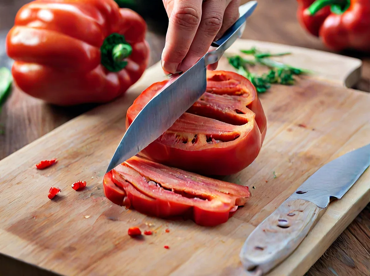 A professional chef using a sharp knife to slice fresh vegetables on a wooden board