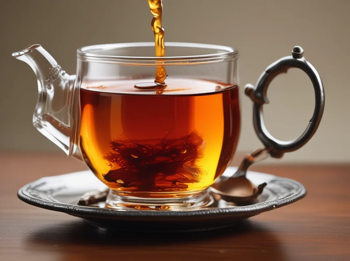 Une liquide amber chaud est versé d'un poêle en métal dans un verre de thé turc petit.