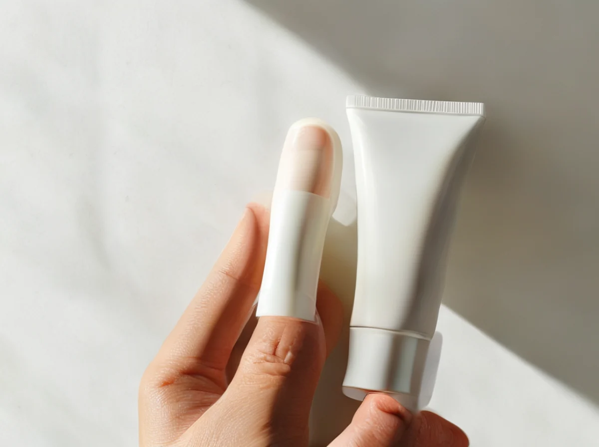 Flacone di crema solare con la mano che applica la crema.