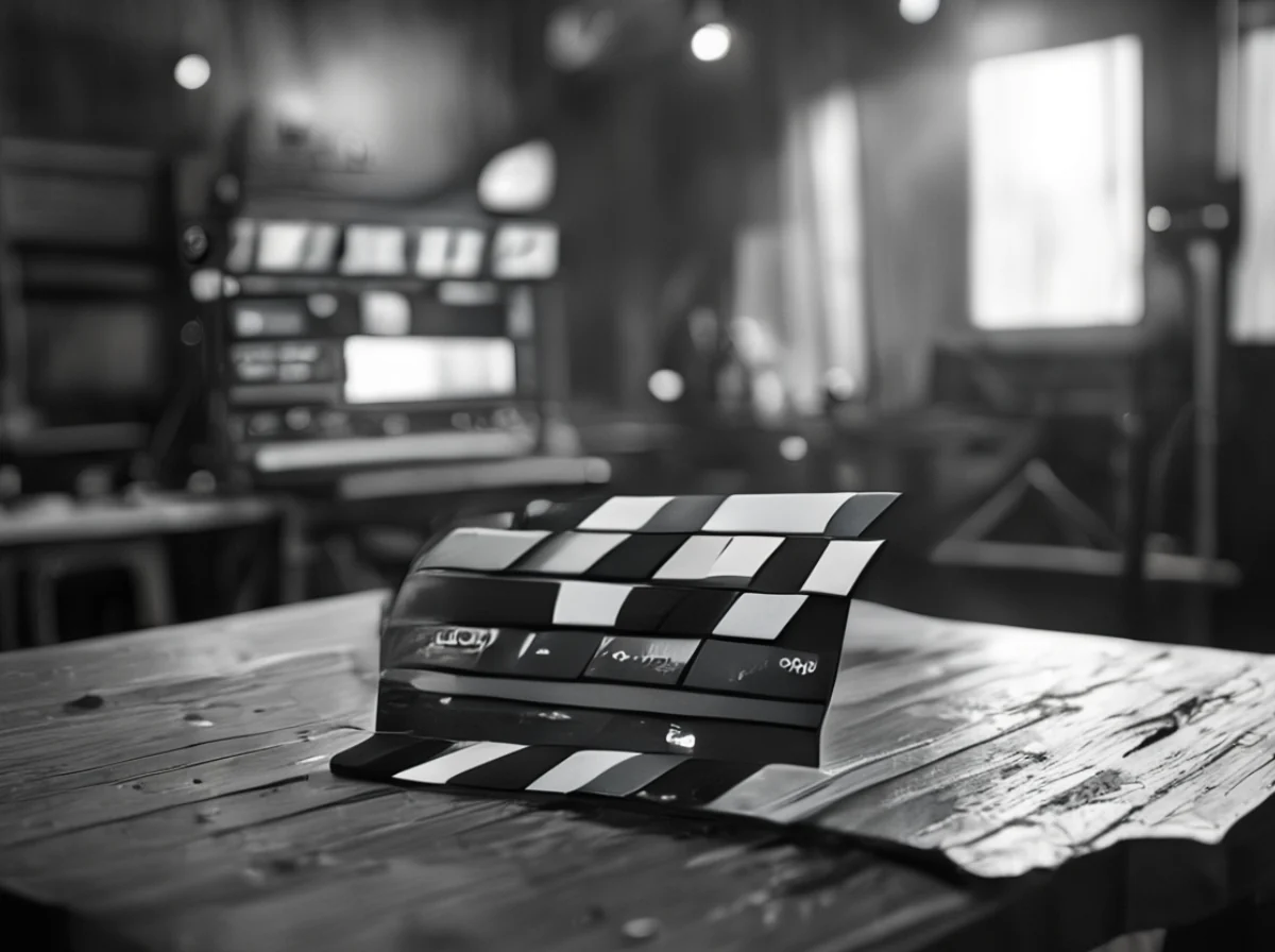电影片场的 clapboard，上面有导演和摄影师的按钮。